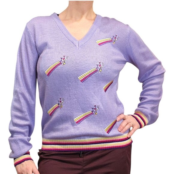 Vintage 70s Womens Medium Rainbow Musical Notes Vneck Sweater Purple Embroidered - Picture 1 of 10